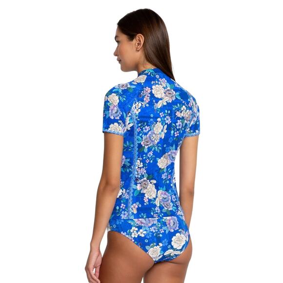 NWT! Johnny Was Blue Dove Floral Front Zip Surf Swim Shirt - Size Small - Picture 4 of 7